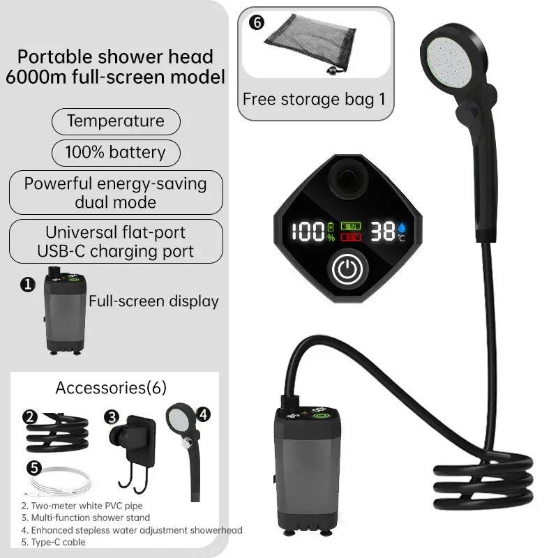 Camping & Hiking Portable Shower - 6000mAh Rechargeable, Full-Screen Digital Display by eprolo
