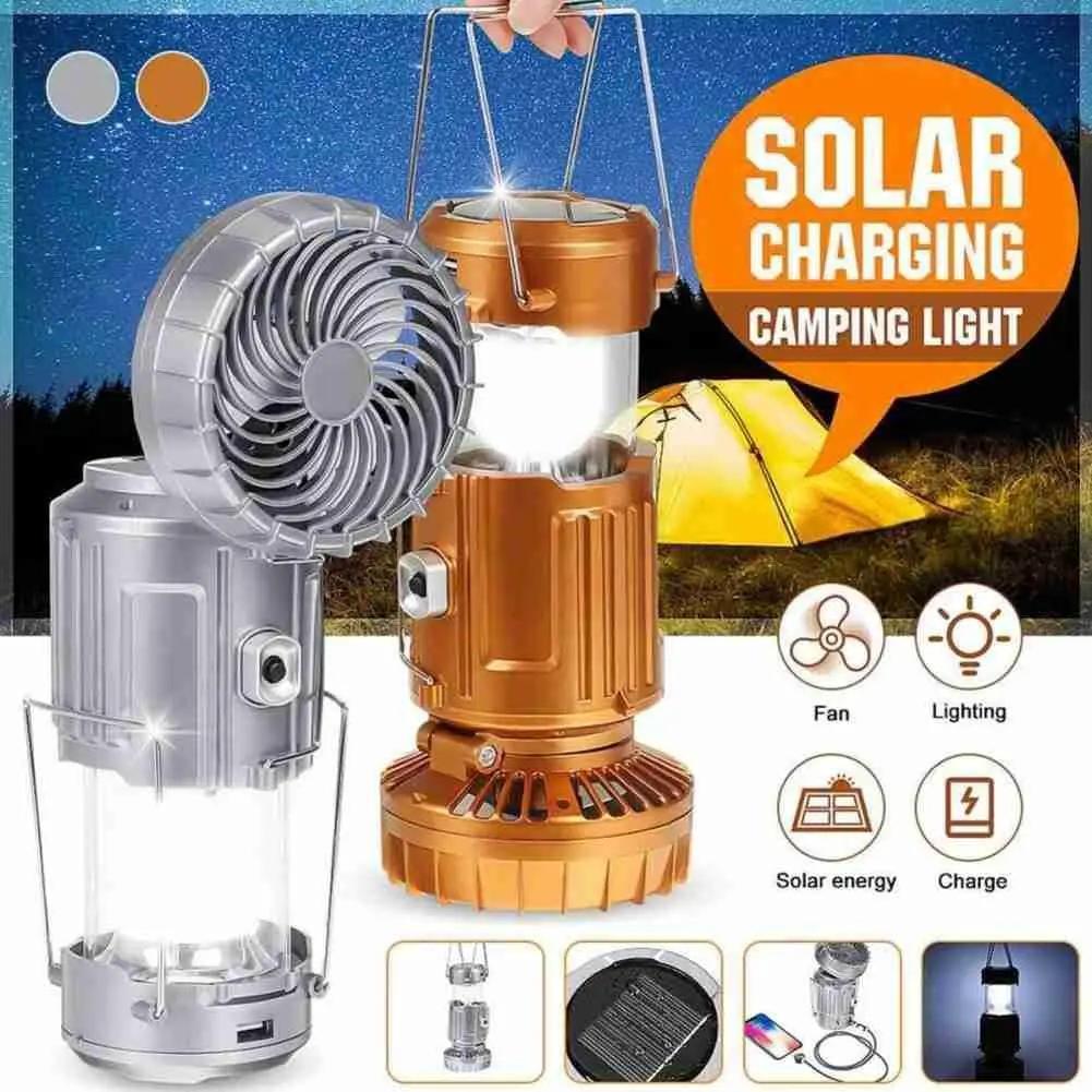 Portable Outdoor LED Camping Lantern With Fan Solar Charge Rechargeable Light Hanging Tent Lamp Fish Flashlight by eprolo