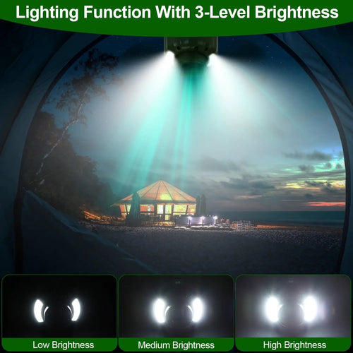 3-in-1 Camping Fan With LED Lantern, Hanging Tent Fan 3 Wind Speeds, Remote Control Timer, USB Power Bank, Low Noise Rechargeable Fan With Battery Display, Detachable Blades For Outdoor Indoor Use by S.H.WS Essentials