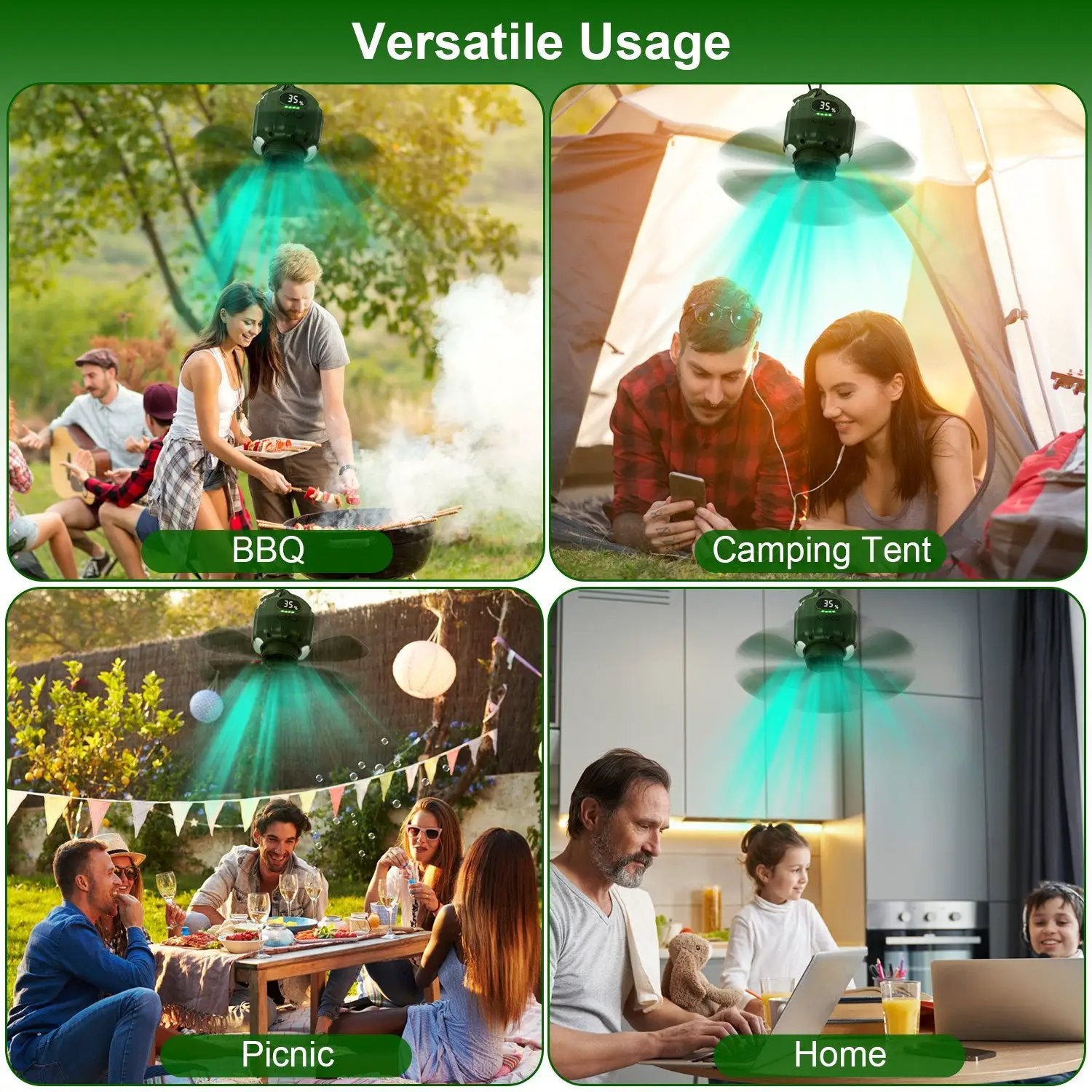 3-in-1 Camping Fan With LED Lantern, Hanging Tent Fan 3 Wind Speeds, Remote Control Timer, USB Power Bank, Low Noise Rechargeable Fan With Battery Display, Detachable Blades For Outdoor Indoor Use by S.H.WS Essentials