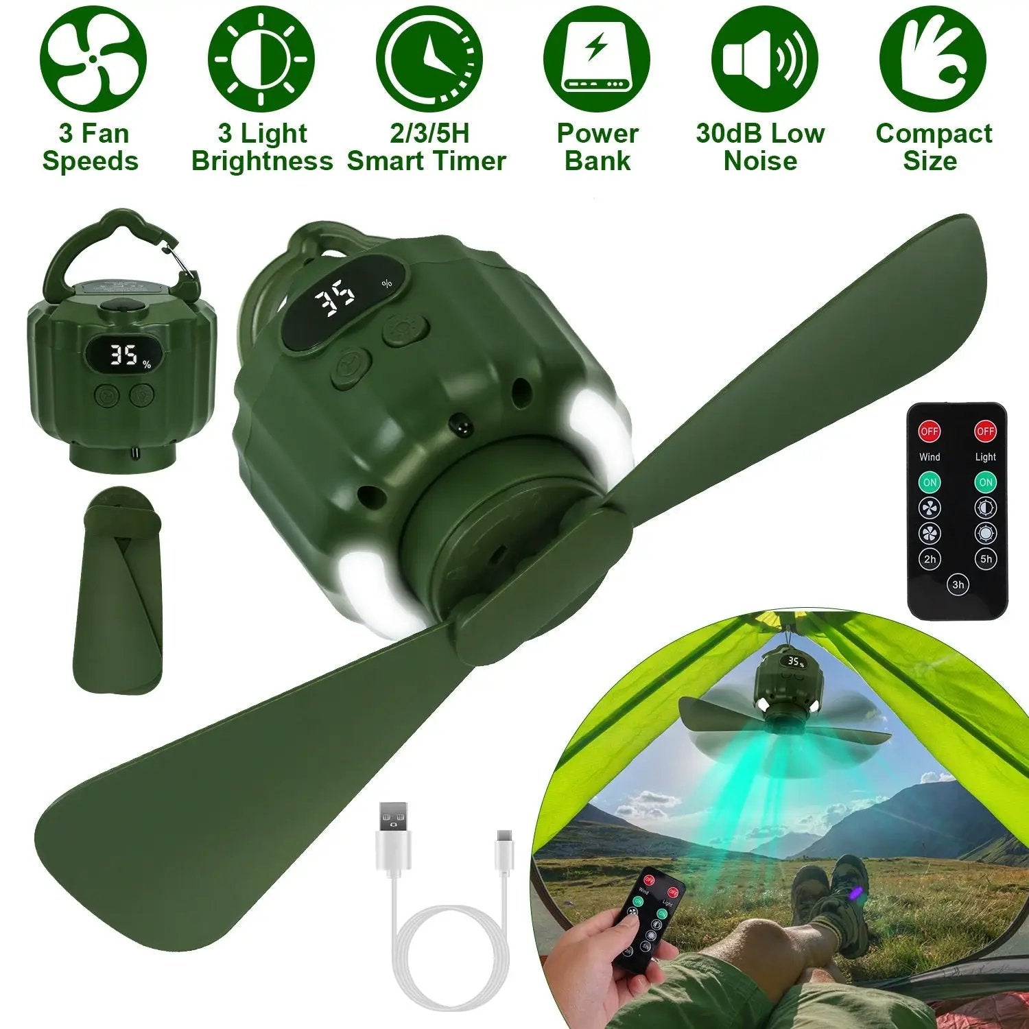 3-in-1 Camping Fan With LED Lantern, Hanging Tent Fan 3 Wind Speeds, Remote Control Timer, USB Power Bank, Low Noise Rechargeable Fan With Battery Display, Detachable Blades For Outdoor Indoor Use by S.H.WS Essentials